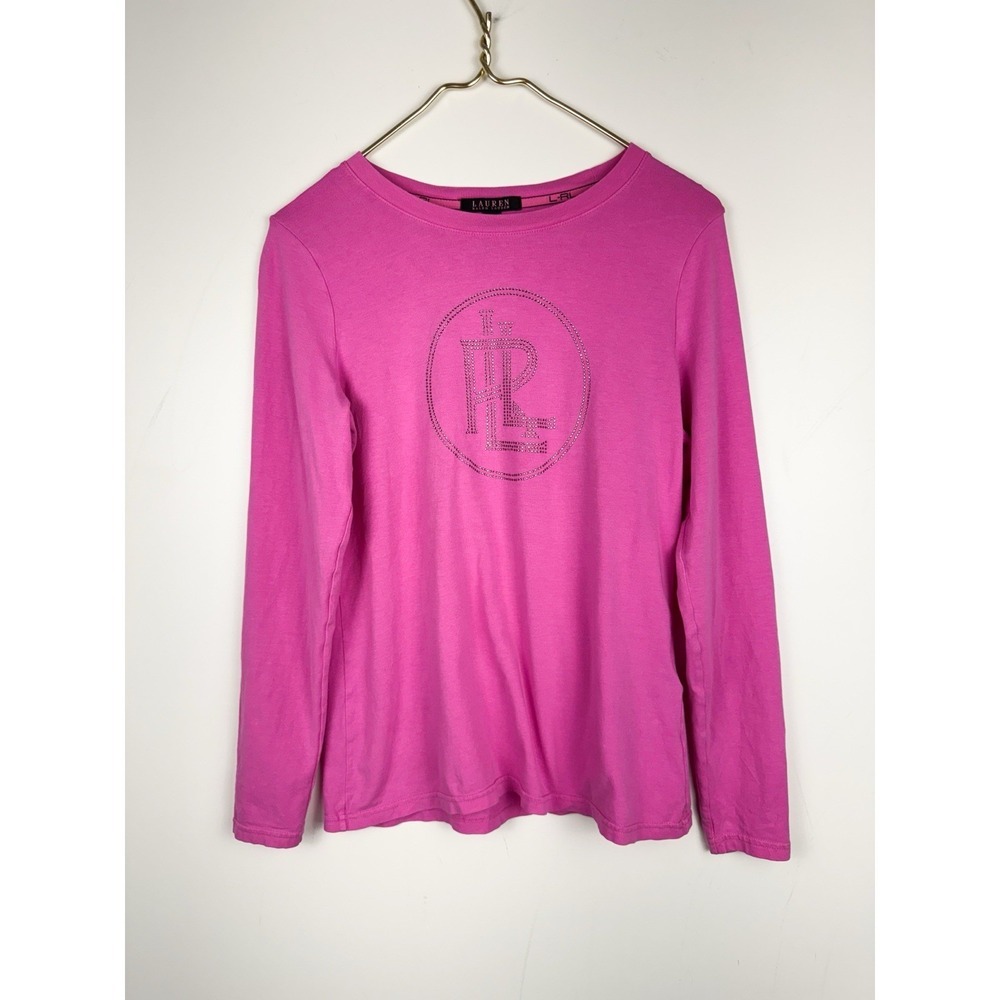 Ralph Lauren Shirt Medium M Pink Rhinestone LRL Logo Long Sleeve Tee Top